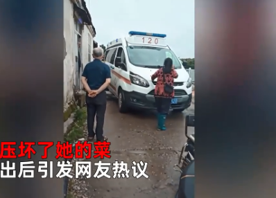救护车压坏菜 女摊主拦车不让走 救护车上的人和女子吵了很久